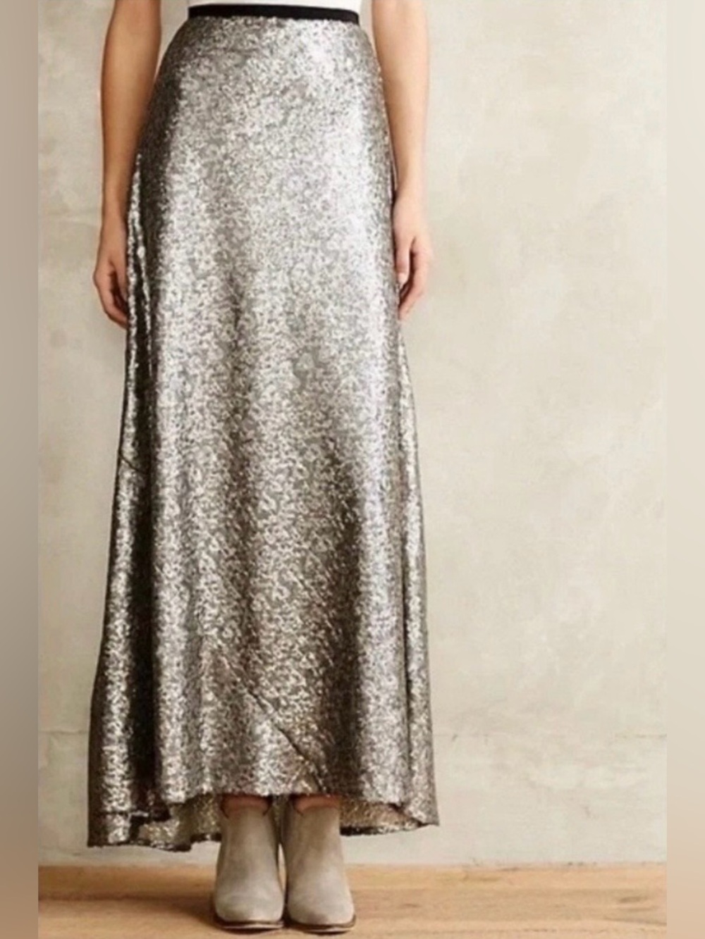 Anthropologie Corey Lynn Calter Silver Sequin Maxi Skirt
